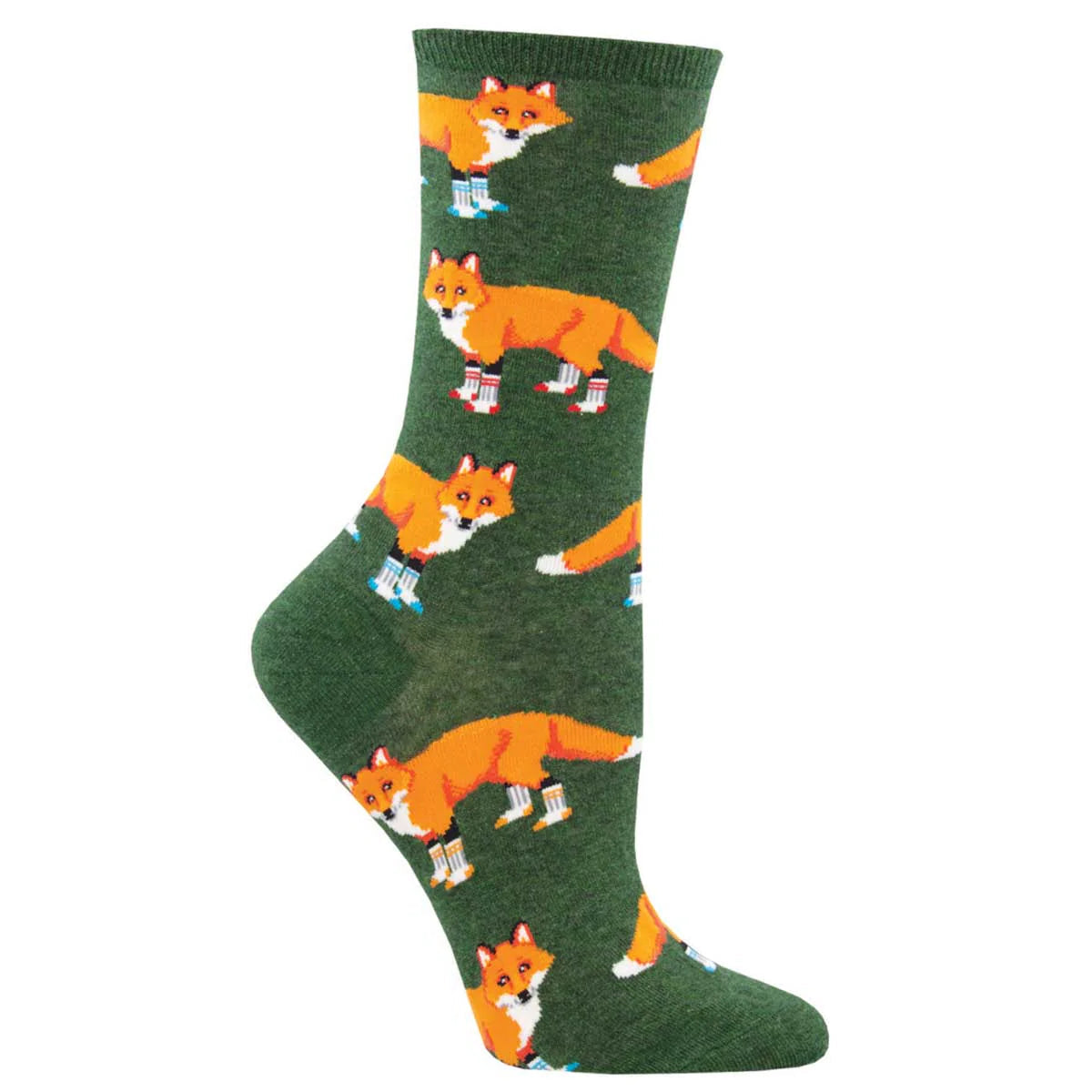 Green sock featuring foxes wearing gym socks