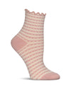 White background, blush-and-beige gingham anklet with ruffled top on a foot form