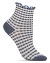 White background, denim-and-beige gingham anklet with ruffled top on a foot form