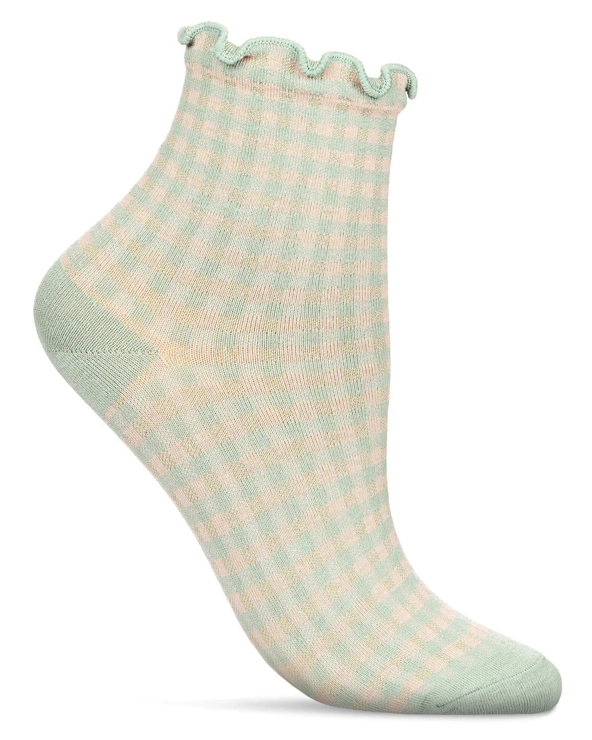 White background, mint-and-beige gingham anklet with ruffled top on a foot form