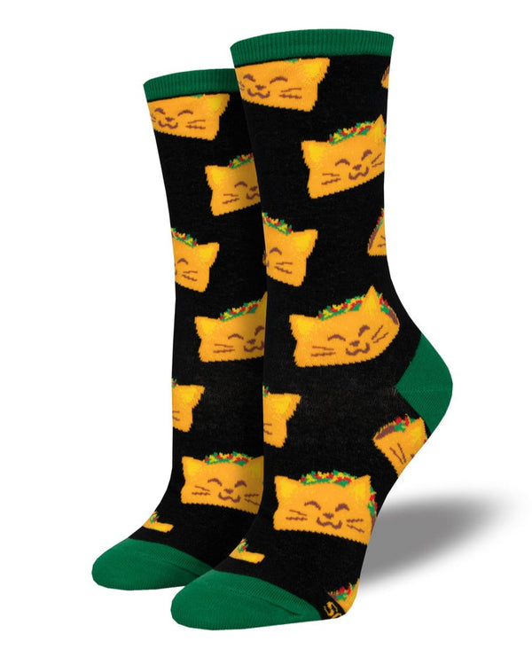 a pair of black socks with a green toe, heel and cuff printed with many yellow tacos with cat faces and ears