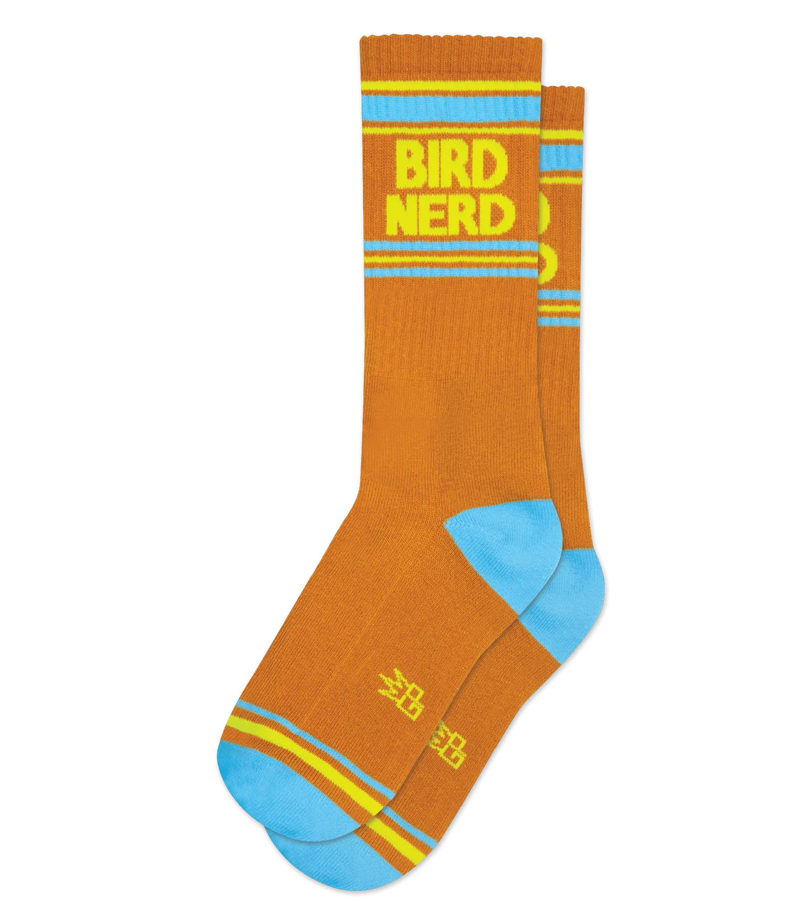 In flatlay, a pair of butterscotch socks with light blue heels and toes, blue and neon yellow stripe patterns near the toe and ankle, and neon yellow text that reads