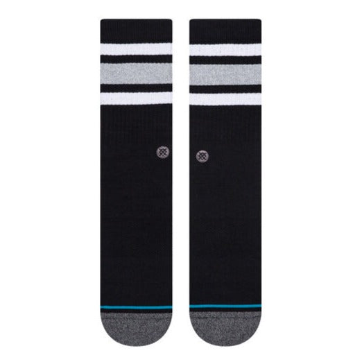 a pair of black socks laid flat featuring a grey heathered toe and heel and 3 monochromatic stripes near the cuff