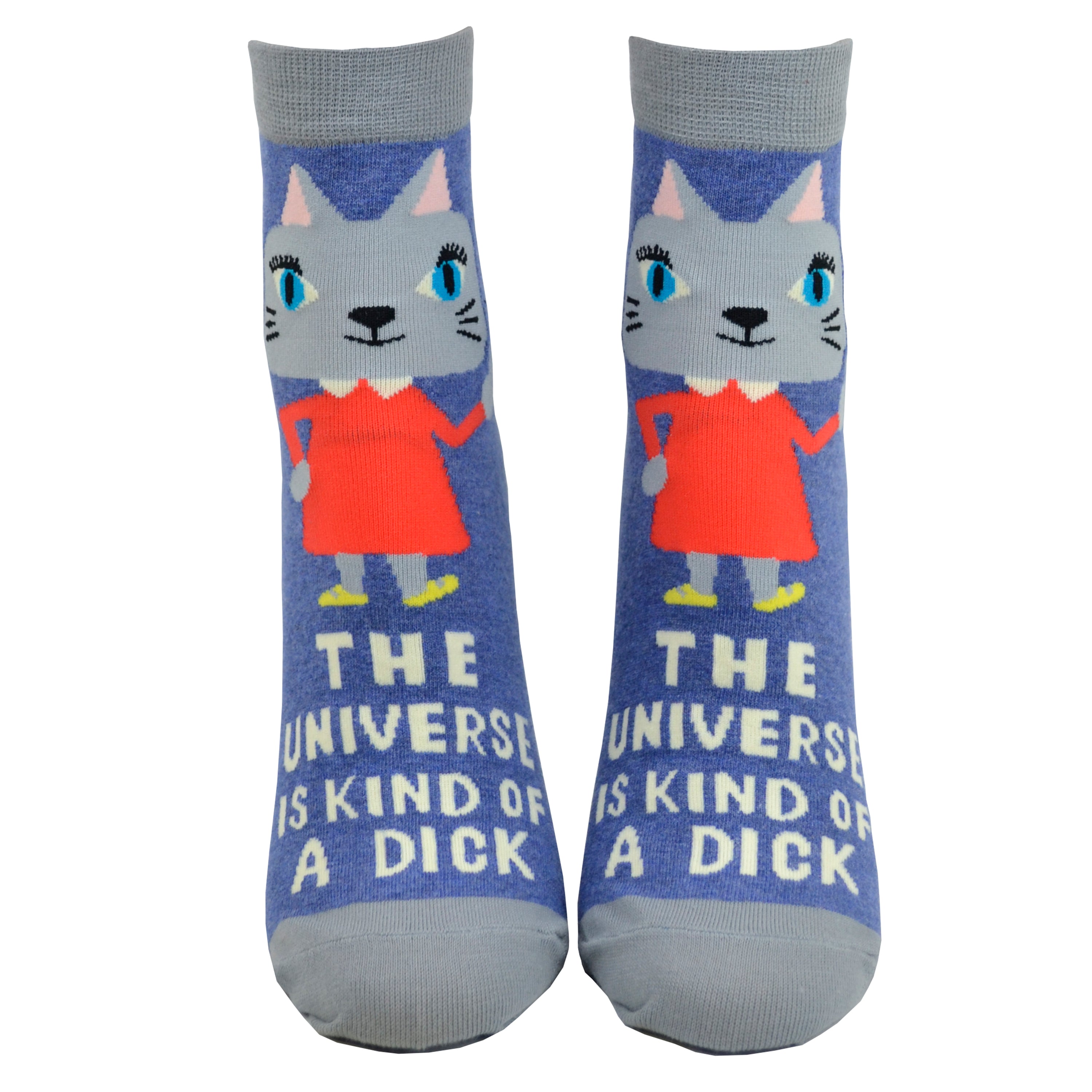 Blue ankle socks with a cat wearing an orange dress giving the middle finger and the words