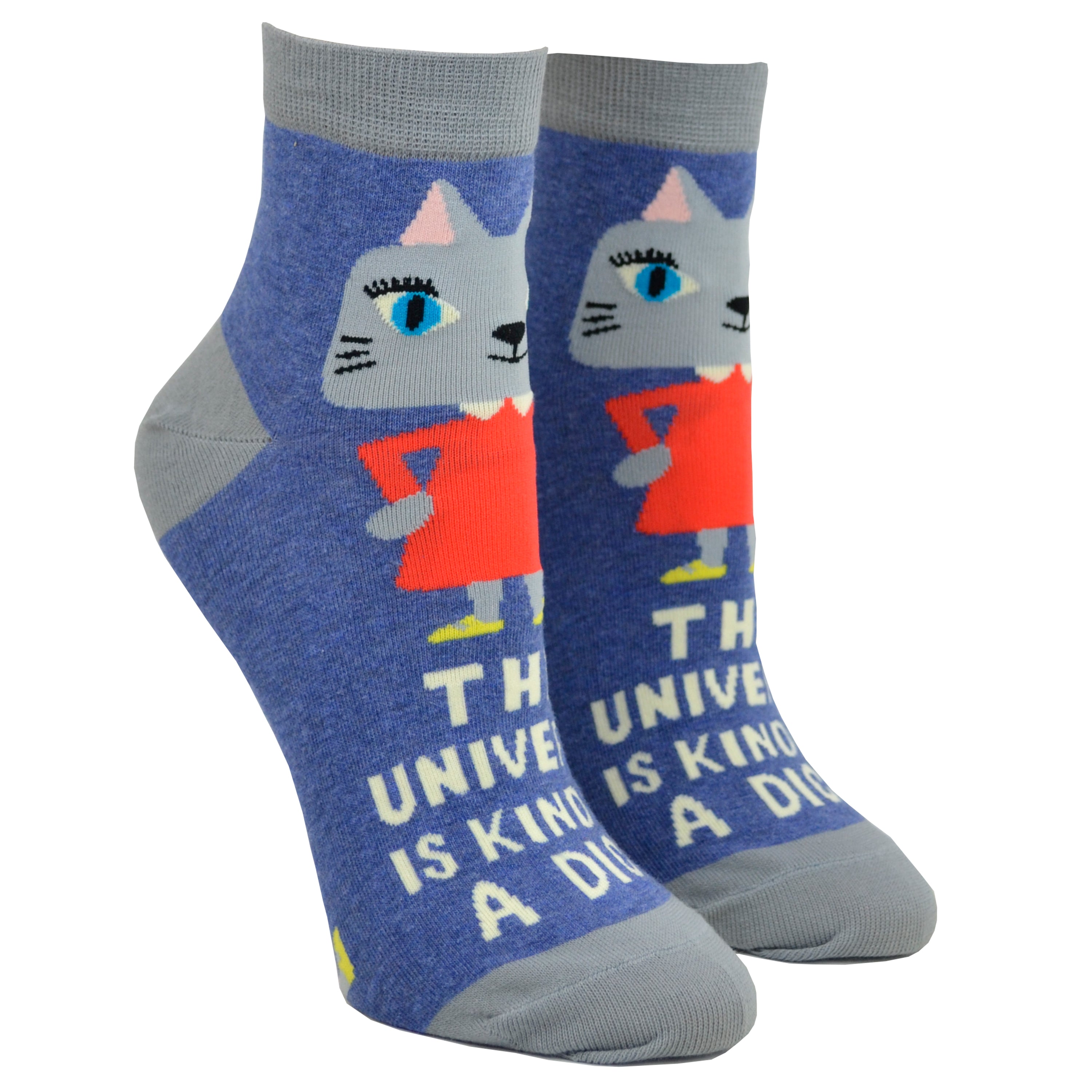 Blue ankle socks with a cat wearing an orange dress giving the middle finger and the words
