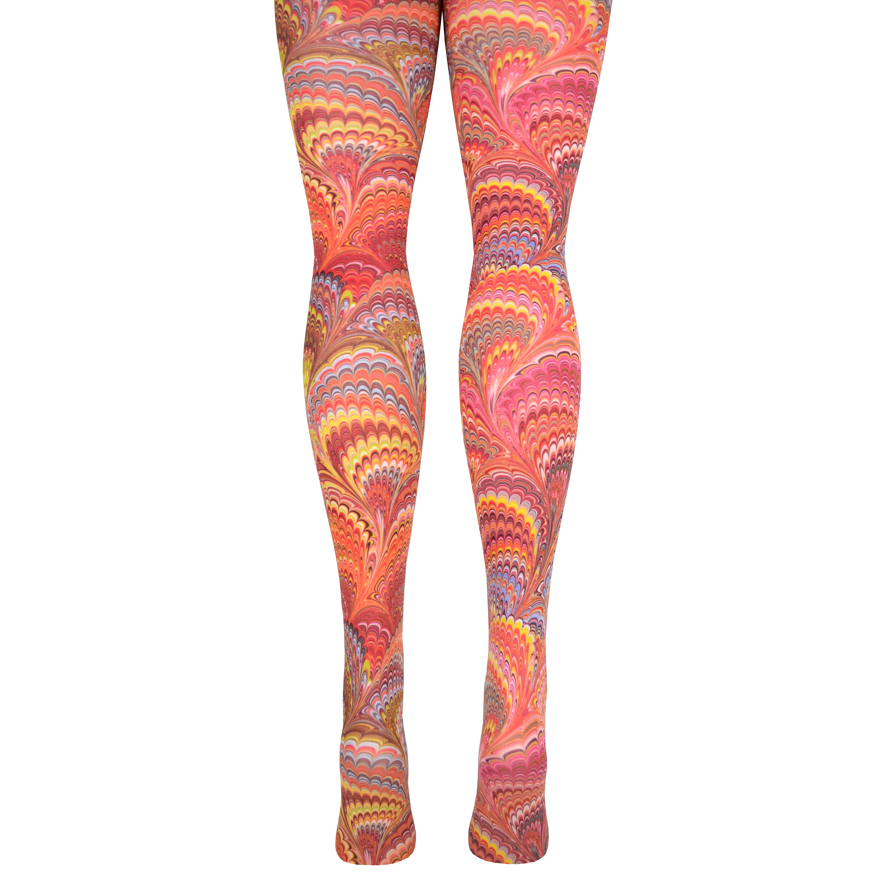 A pair of tights with a psychedelic 70's print of swirled red, pink, orange, yellow and blue, shown on a leg form from the back.