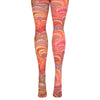 A pair of tights with a psychedelic 70's print of swirled red, pink, orange, yellow and blue, shown on a leg form from the back.