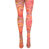 A pair of tights with a psychedelic 70's print of swirled red, pink, orange, yellow and blue, shown on a leg form.
