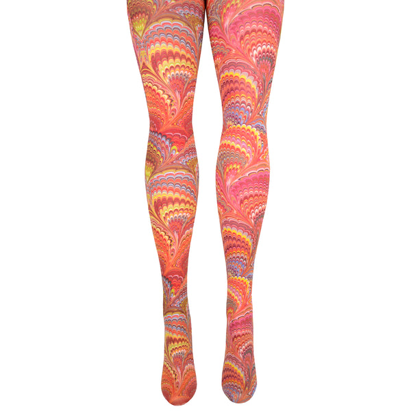 A pair of tights with a psychedelic 70's print of swirled red, pink, orange, yellow and blue, shown on a leg form.