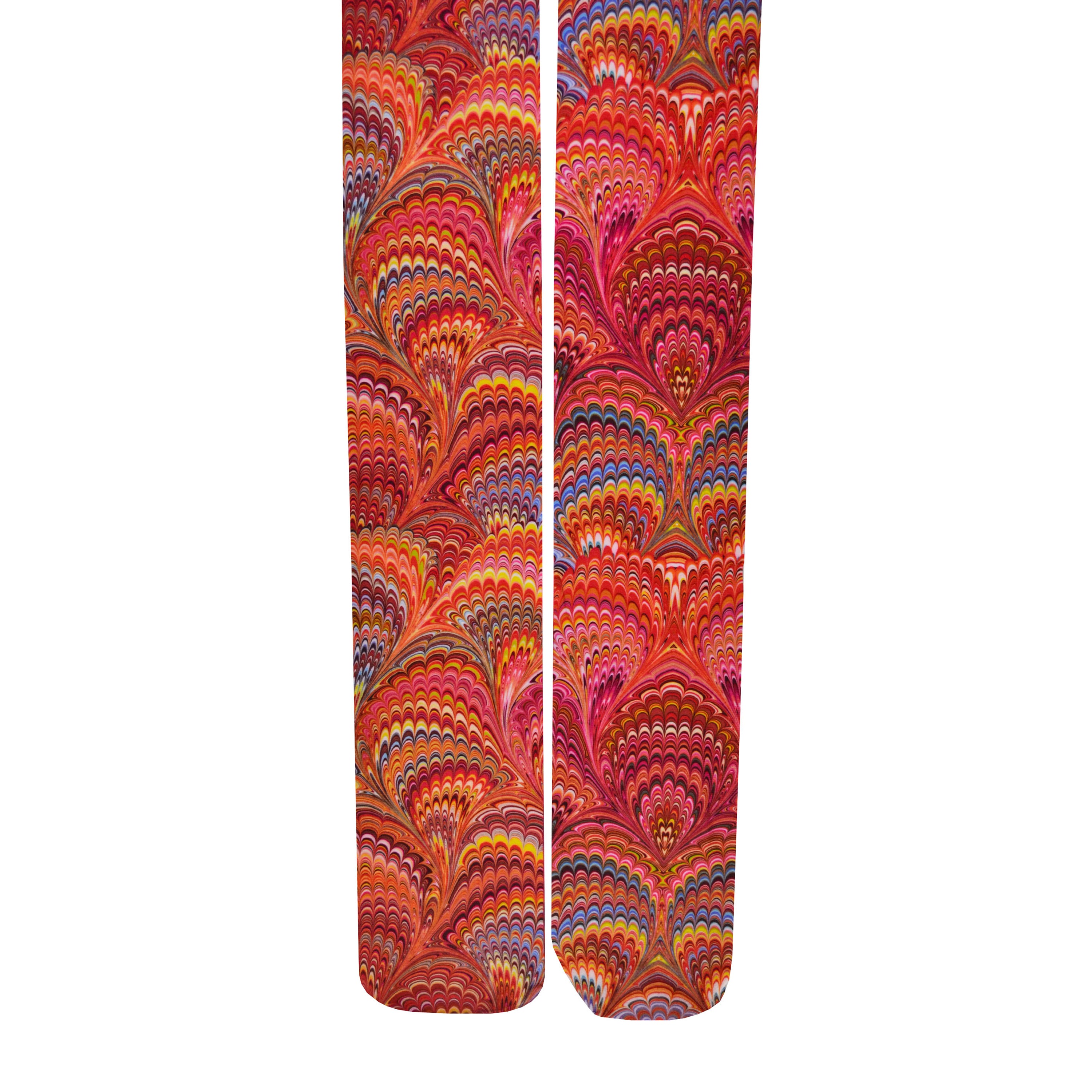 A pair of tights with a psychedelic 70's print of swirled red, pink, orange, yellow and blue, shown flat lay.