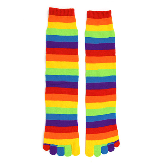 Rainbow-striped toe socks, photographed flat lay.