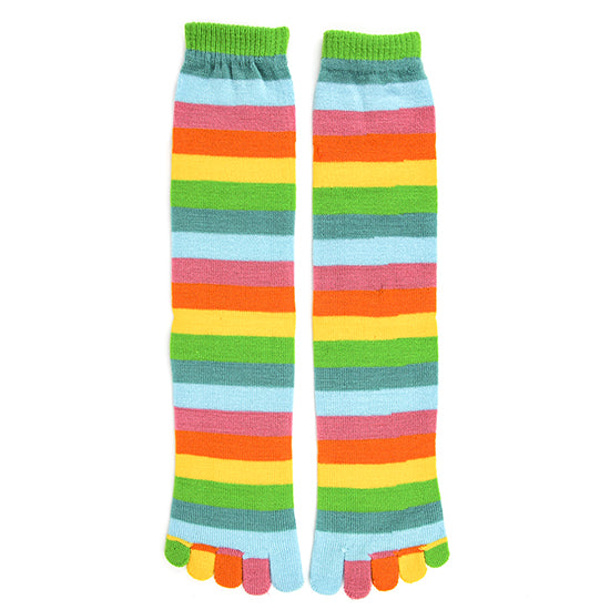 Citrus-colored rainbow toe socks, photographed flat lay.