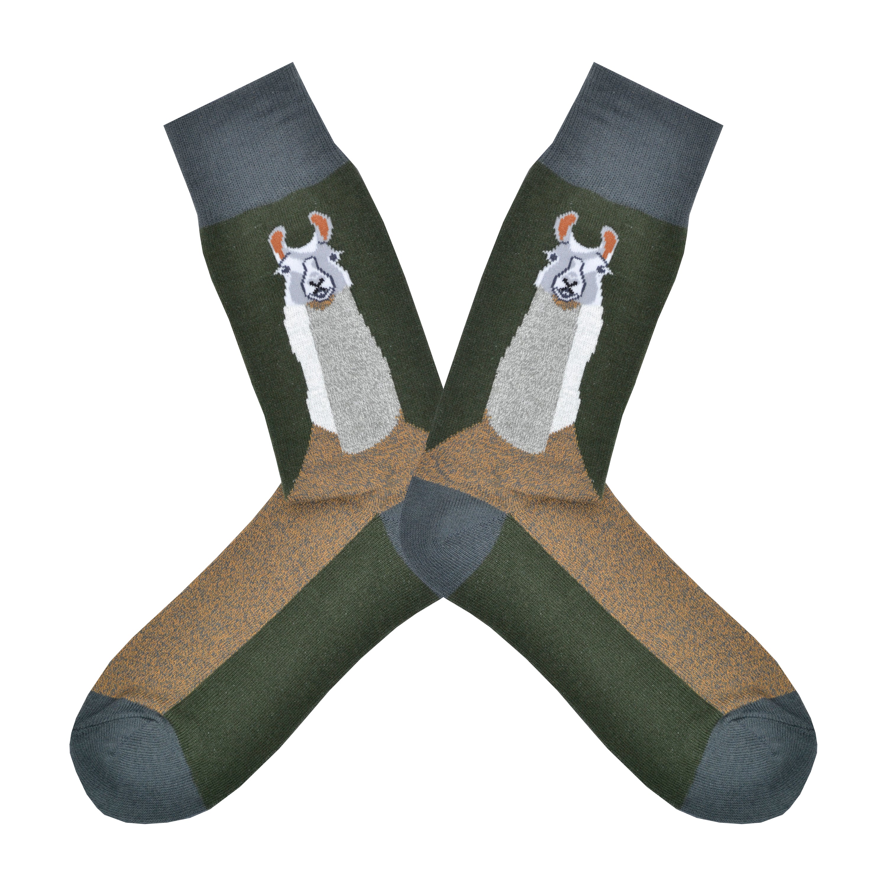 Shown in a flatlay, a pair of Foot Traffic green cotton men's crew socks with llama and brown foot