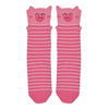 Shown in a flatlay, a pair of Foot Traffic, pink and white cotton women's crew socks with three dimensional pattern of cute pig