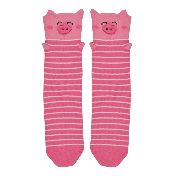 Shown in a flatlay, a pair of Foot Traffic, pink and white cotton women's crew socks with three dimensional pattern of cute pig