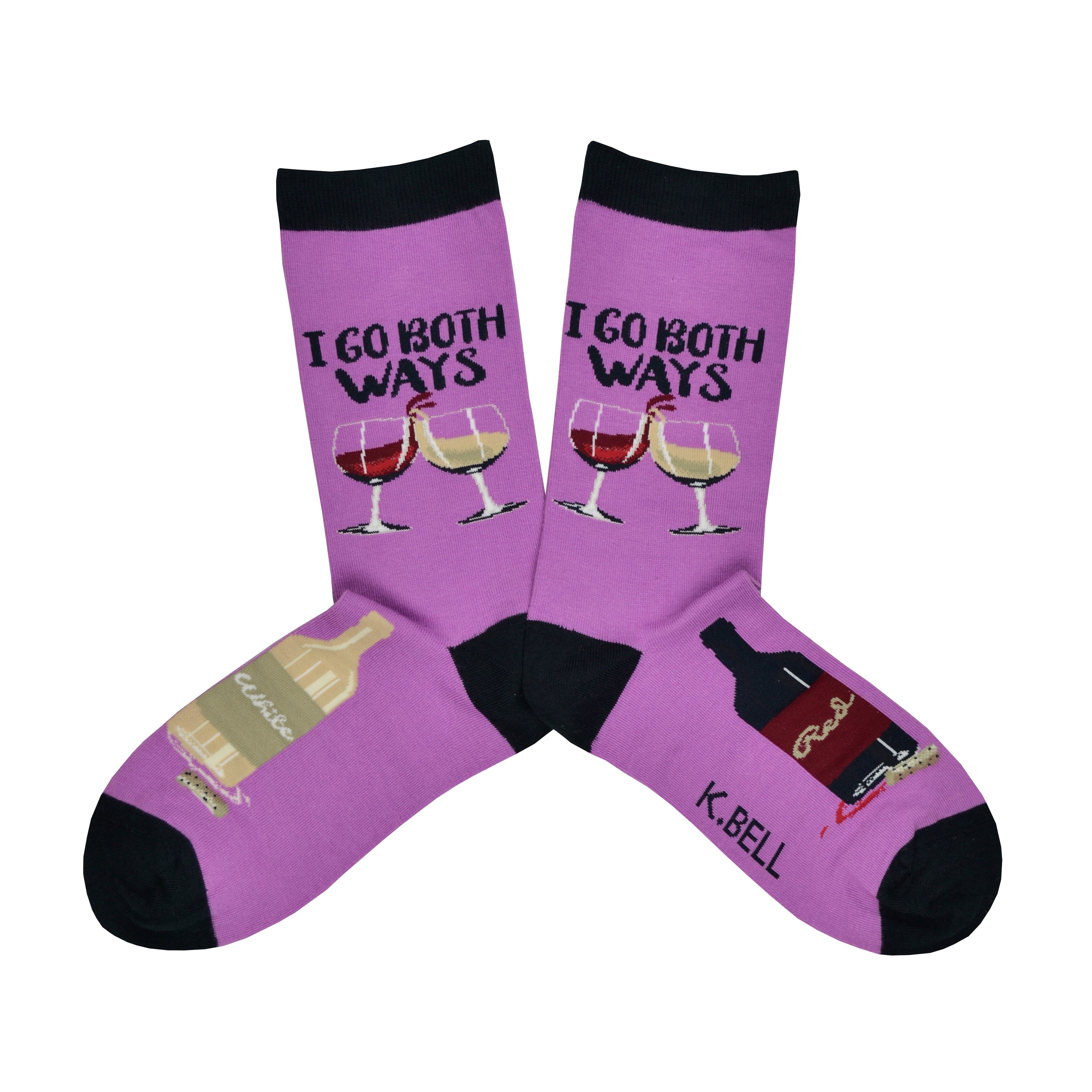 Cotton blend women's purple socks with a black heel, toe, and cuff shown in a flatlay. These socks feature calf design of two glasses of wine, one red and one white, with the words,