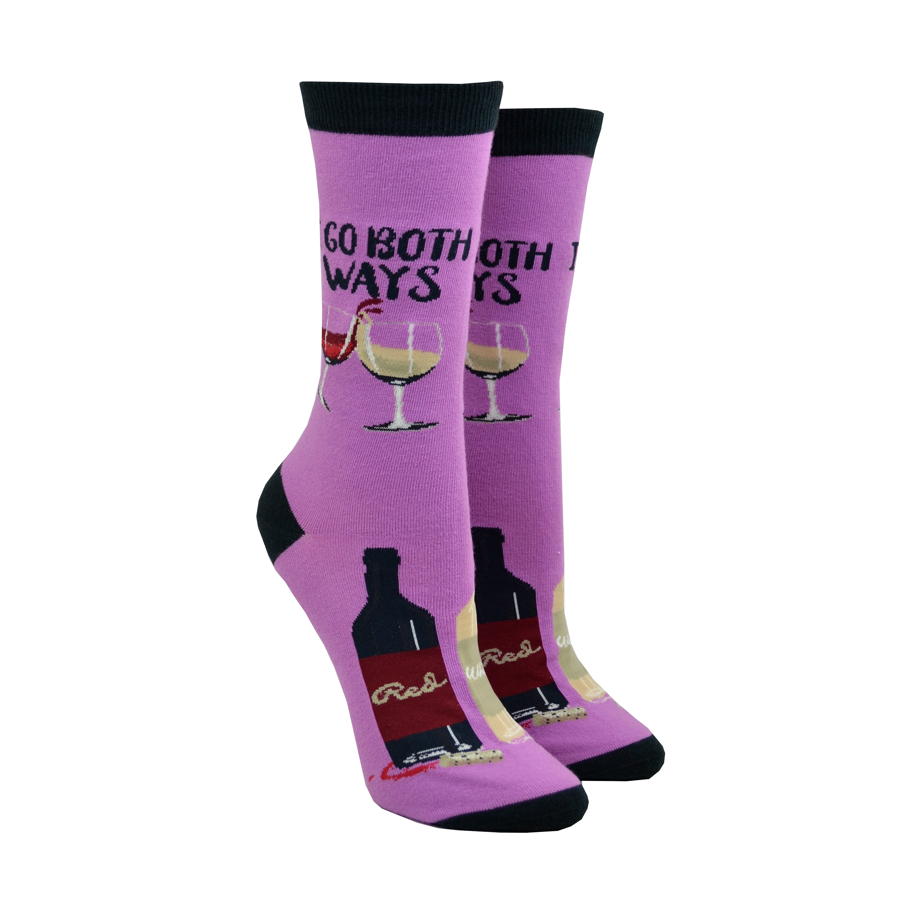 Cotton blend women's purple crew socks with a black heel, toe, and, cuff shown on leg forms. These socks feature calf design of two glasses of wine, one red and one white, with the words,