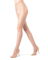 Shown on a light skinned model's legs, a pair of MeMoi nylon nude gold glitter fishnets.