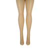 Shown from the front, a pair of nylon MeMoi nude fishnets with a gold glitter thread running throughout.
