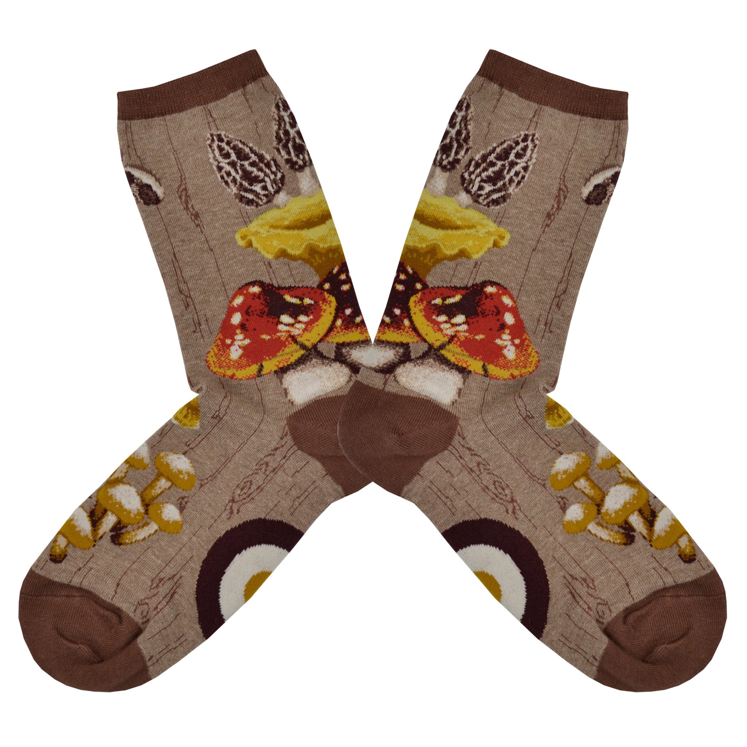 Flatlay image of brown crew socks with mushrooms on them