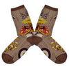 Flatlay image of brown crew socks with mushrooms on them
