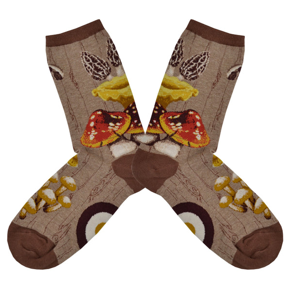 Flatlay image of brown crew socks with mushrooms on them