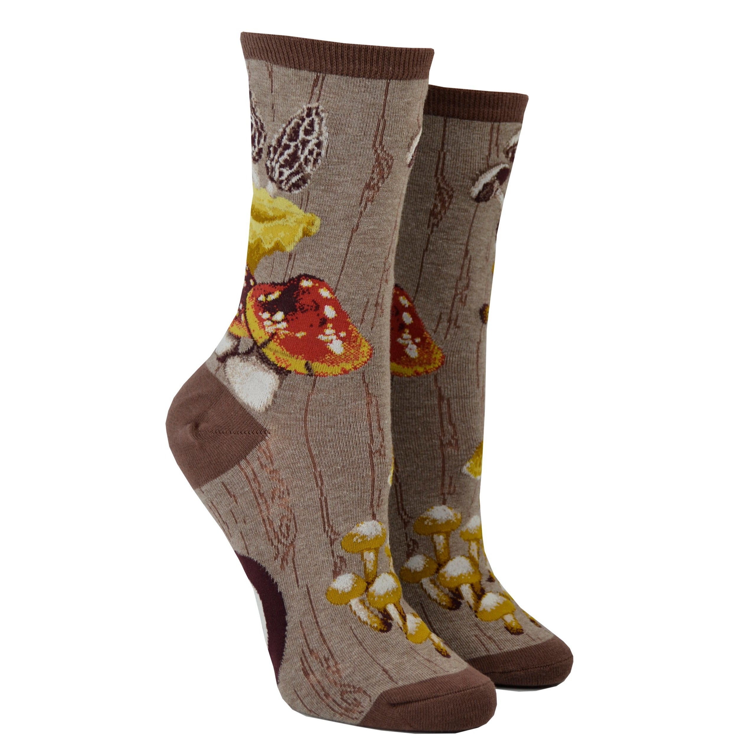Foot forms wear brown crew socks with mushrooms on them