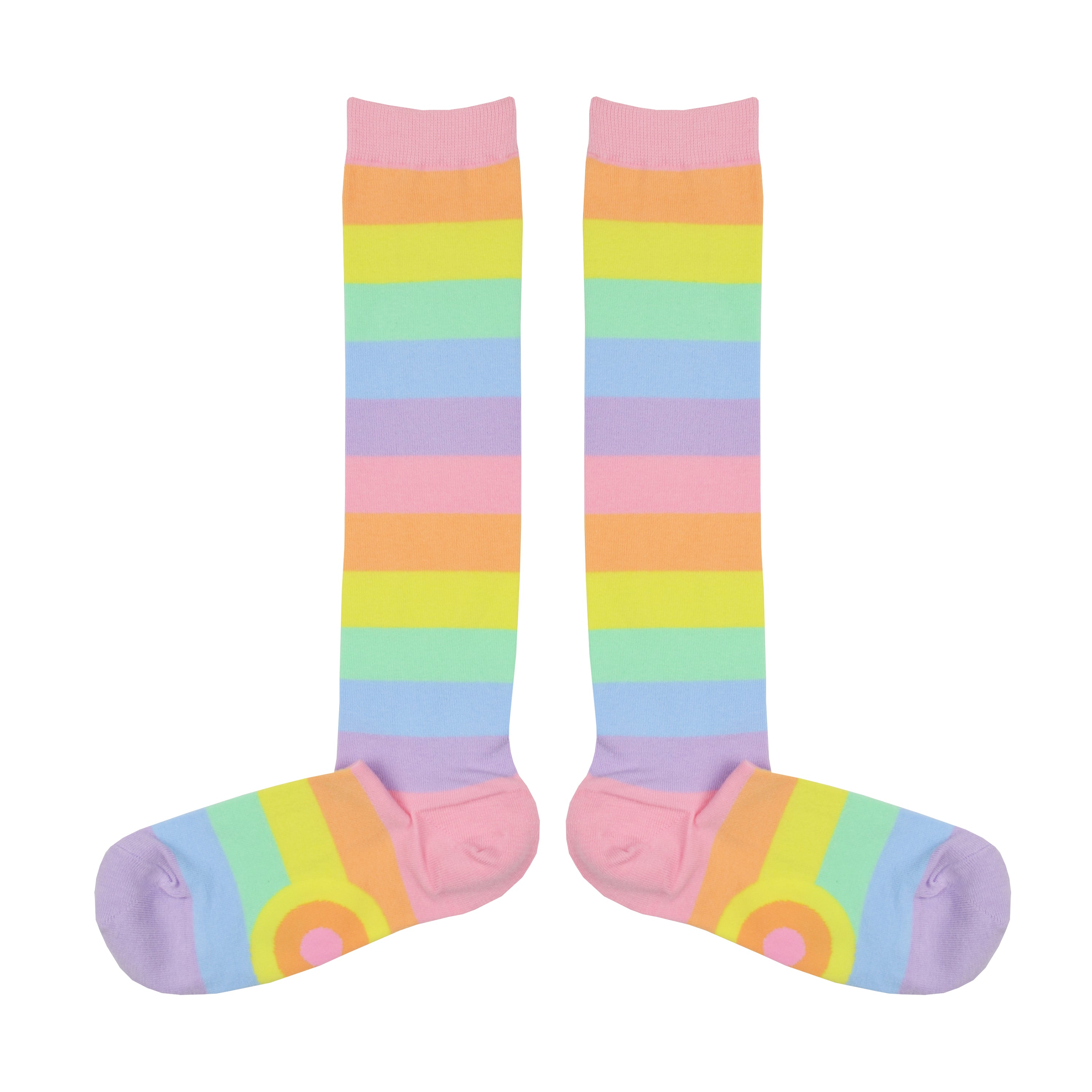A pair of knee high rainbow striped socks in pastel pink, orange, yellow, green, blue and, purple.