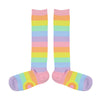 A pair of knee high rainbow striped socks in pastel pink, orange, yellow, green, blue and, purple.