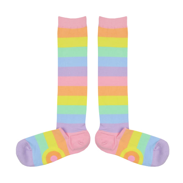 A pair of knee high rainbow striped socks in pastel pink, orange, yellow, green, blue and, purple.