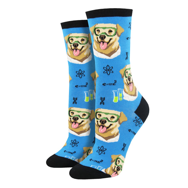 Blue socks with yellow lab dogs wearing science goggles, next to beakers and math symbols, photographed on a leg form.