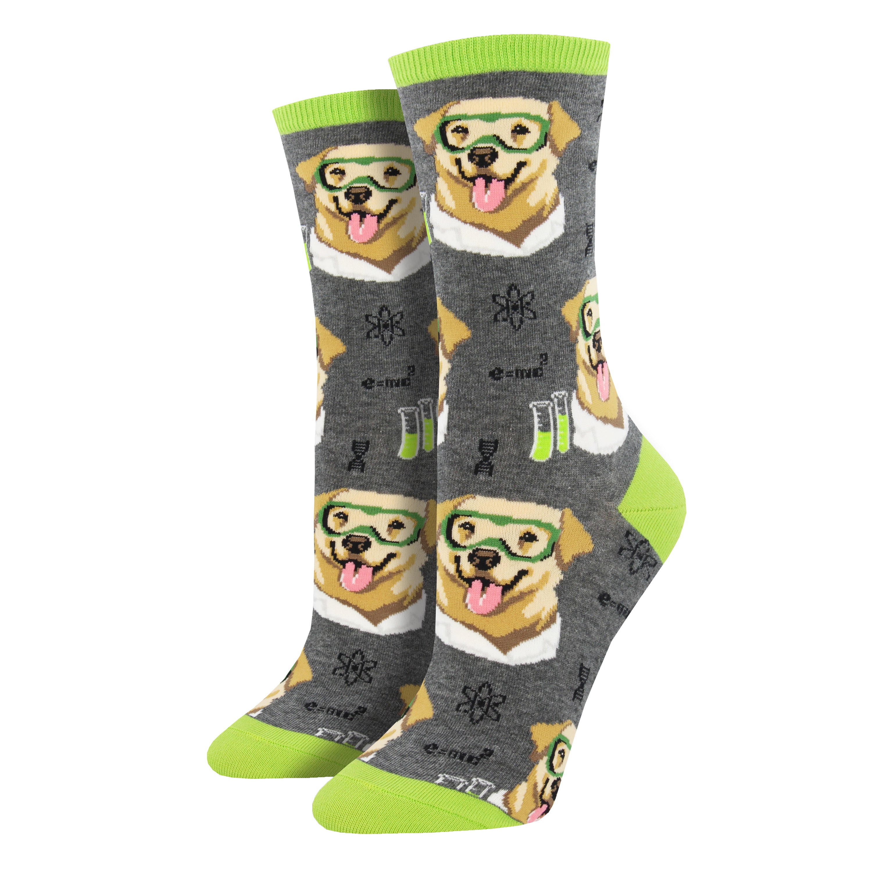 Gray socks with yellow lab dogs wearing science goggles, next to beakers and math symbols, photographed flat lay.