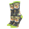 Gray socks with yellow lab dogs wearing science goggles, next to beakers and math symbols, photographed flat lay.