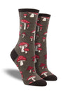 Shown on a leg form, these heather brown cotton women's crew socks by the brand Socksmith feature cute little mushrooms with red caps and white spots.