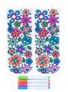flatlay of floral coloring socks that have been colored with the four pictured neon fabric markers