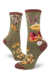 Foot forms wear green crew socks with mushrooms on them