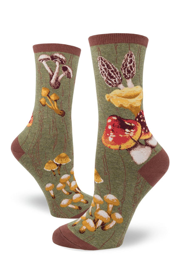 Foot forms wear green crew socks with mushrooms on them