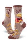 Foot forms wear brown crew socks with mushrooms on them
