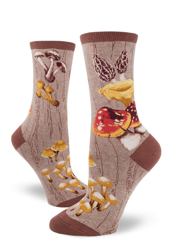 Foot forms wear brown crew socks with mushrooms on them