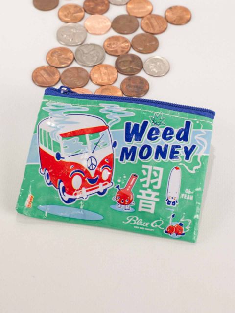 From the brand Blue Q, a green coin purse made of recycled materials with the words "Weed Money" and animated weed paraphernal, including, a VW bus, a joint, and a bong shown spilling out change.