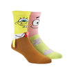 A pair of socks in flatlay, one that looks like Spongebob and the other Patrick, with 3D arms and magnet hands