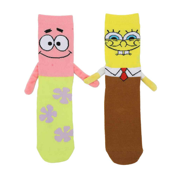 A pair of socks in flatlay, one that looks like Spongebob and the other Patrick, with 3D arms and magnet hands