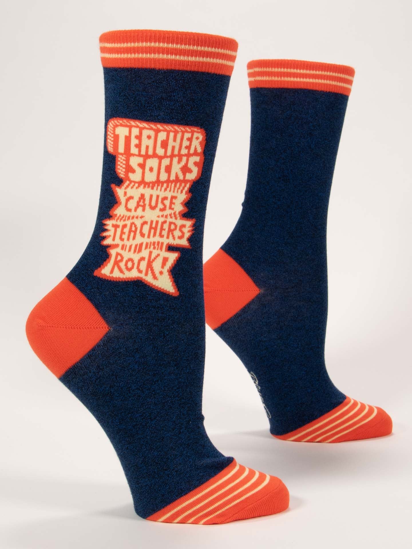 heather navy sock with bright orange toe heel and heel and bold orange and white text that reads TEACHER SOCKS CAUSE TEACHERS ROCK