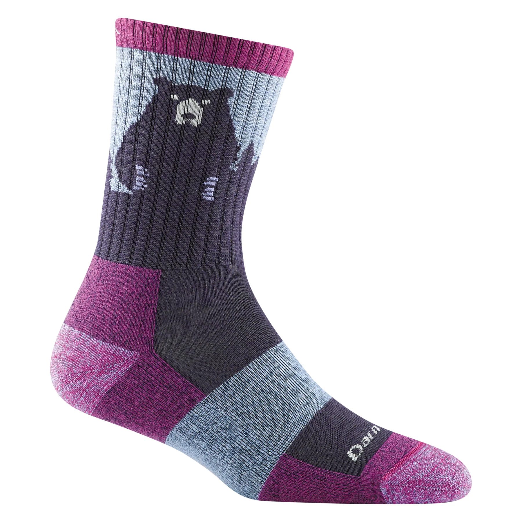 Blue & purple crew sock featuring a bear and a treeline