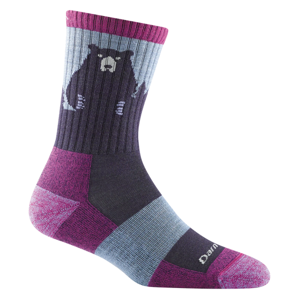 Blue & purple crew sock featuring a bear and a treeline