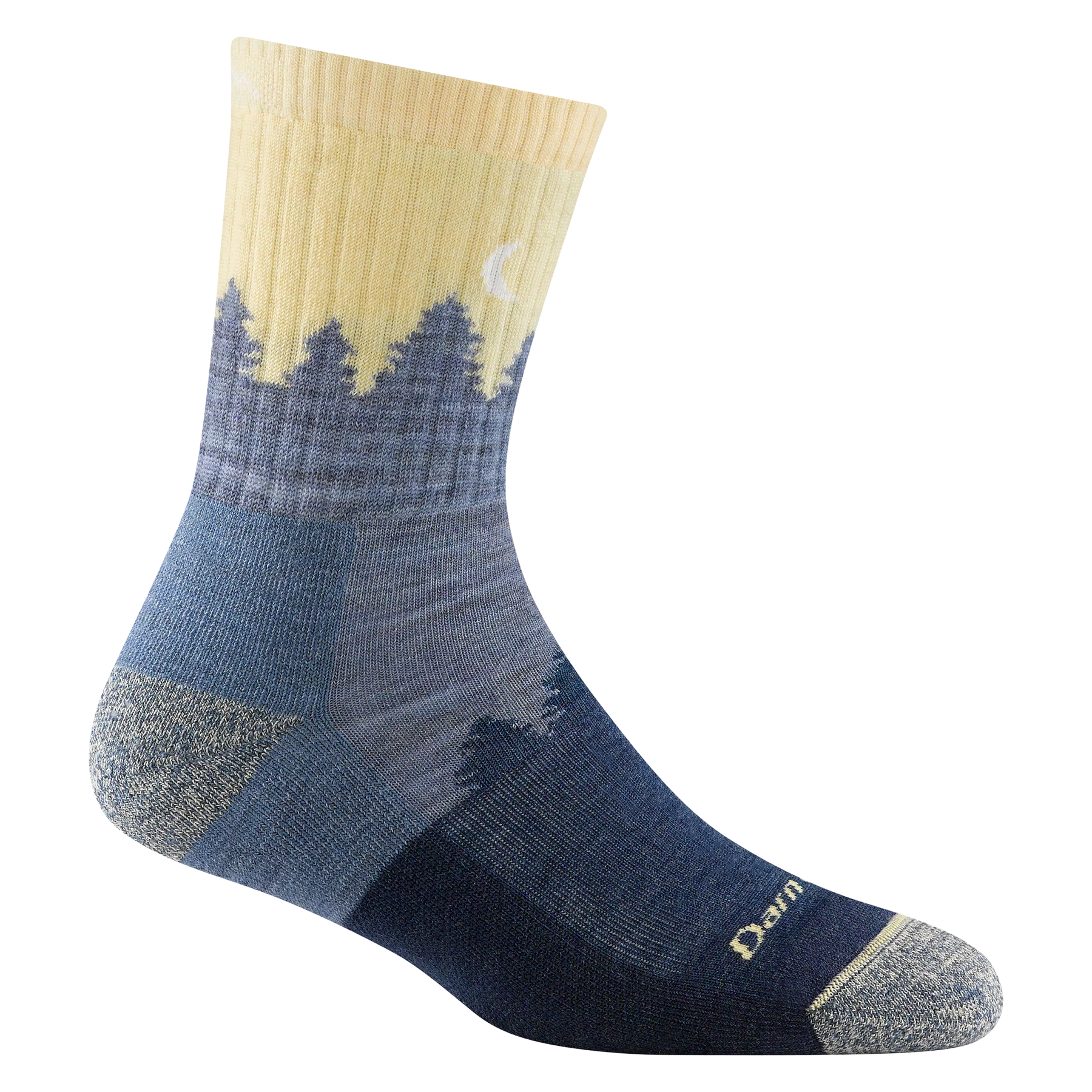 Blue quarter crew sock with treeline pattern and yellow sky on ankle