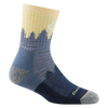 Blue quarter crew sock with treeline pattern and yellow sky on ankle