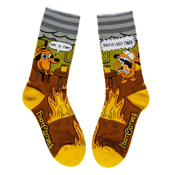 Two socks with cartoon dog design and 'This is fine' text on a white background