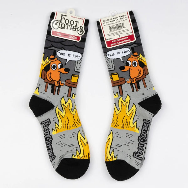 Two pairs of socks with a cartoon dog design and 'This is fine' text