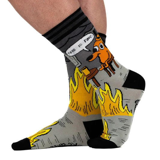 Sock with cartoon dog and flames design on a white background